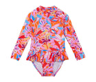 Front view of Snapper Rock One Piece UPF 50+ Swimsuit - Blooming Sunset. Available at www.tenlittle.com