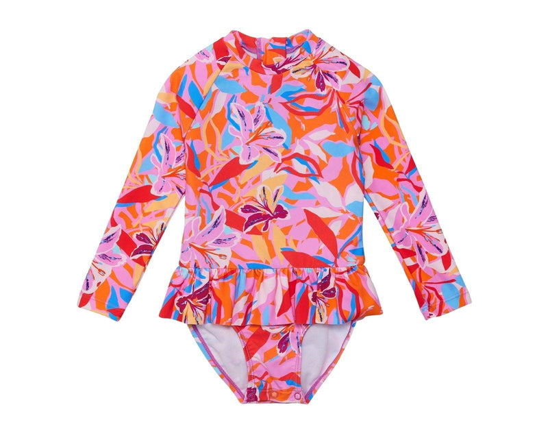 Front view of Snapper Rock One Piece UPF 50+ Swimsuit - Blooming Sunset. Available at www.tenlittle.com