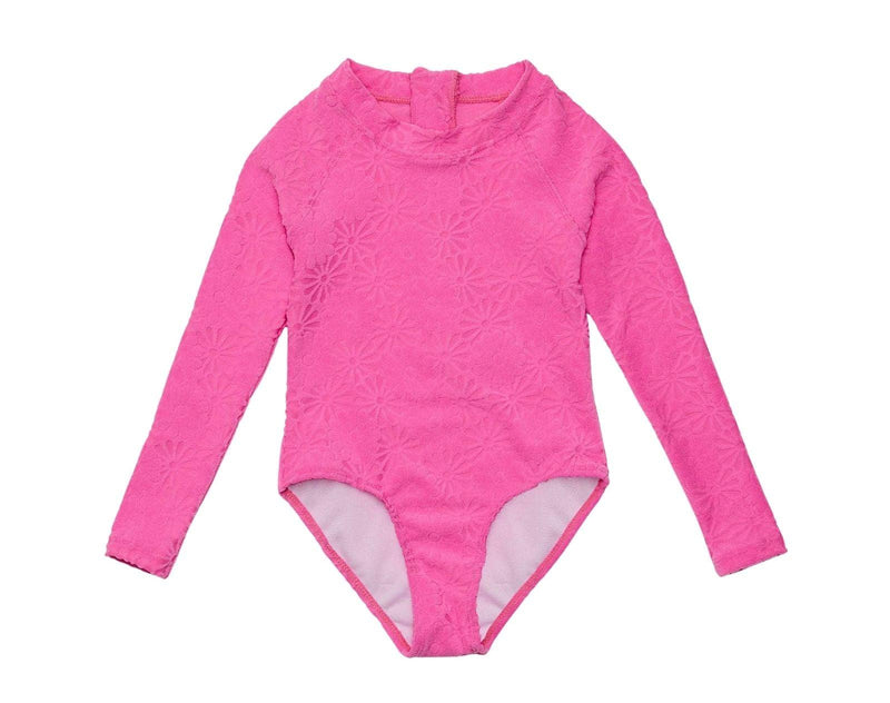 Front view of Snapper Rock One Piece UPF 50+ Swimsuit - Pink. Available at www.tenlittle.com