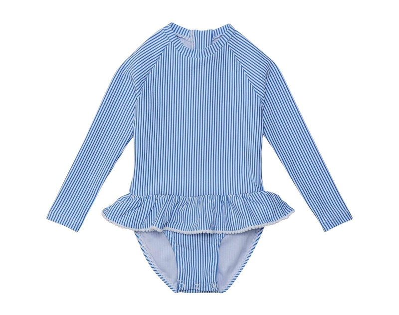 Front view of Snapper Rock One Piece UPF 50+ Swimsuit - Blue Stripes. Available at www.tenlittle.com