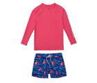 Front view of Snapper Rock UPF 50+ Top & Swim Shorts - Sailboats. Available at www.tenlittle.com