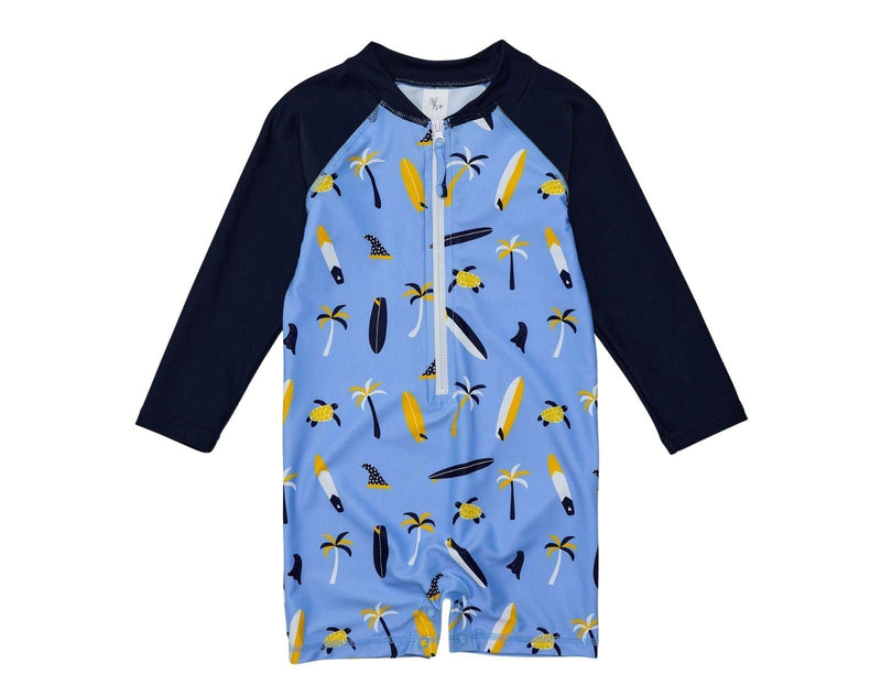 Front view of Snapper Rock Long Sleeve UPF 50+ Swimsuit - Turtle Break. Available at www.tenlittle.com