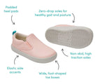 Front and bottom of shoe view and features of Ten Little Slip-On Sneakers - Blush Pink. Available at www.tenlittle.com