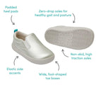 Front and bottom of shoe view and features of Ten Little Slip-On Sneakers - Moondust Silver. Available at www.tenlittle.com