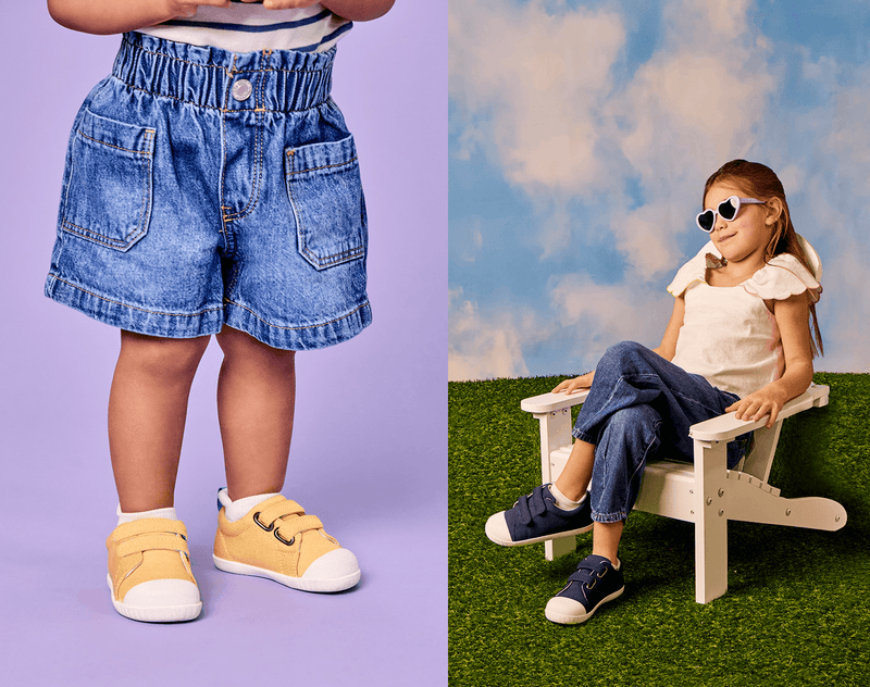 Split view of children wearing Ten Little Eco Canvas Sneakers - Mellow Yellow and Navy Blue. Available at www.tenlittle.com