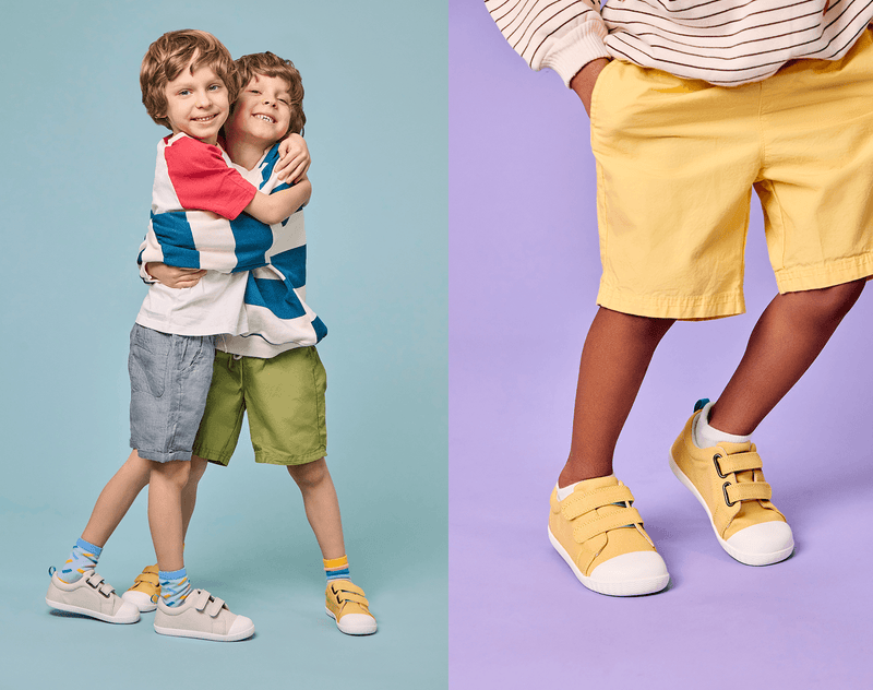 Split view of children wearing Ten Little Eco Canvas Sneakers - Gray Beige and Mellow Yellow. Available at www.tenlittle.com