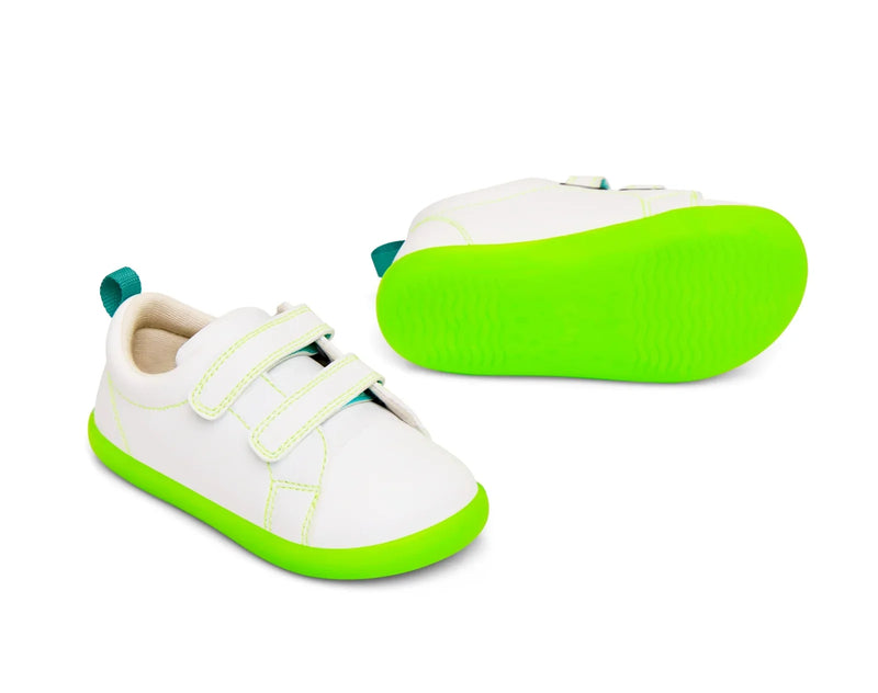 Side and bottom of shoe view of Ten Little Everyday Original - Neon Glow - Neon Green. Available at www.tenlittle.com