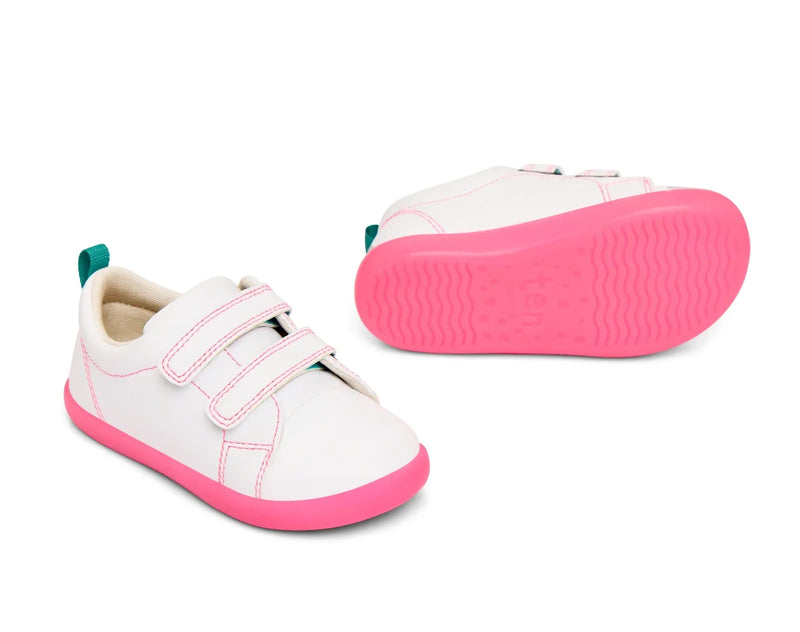 Side and bottom of shoe view of Ten Little Everyday Original - Neon Glow - Neon Pink. Available at www.tenlittle.com