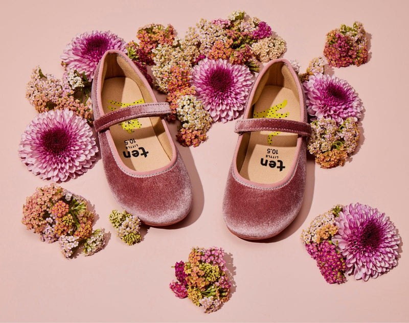 Top view of Ten Little Velvet Ballet Flats - Dusty Rose. Available at www.tenlittle.com