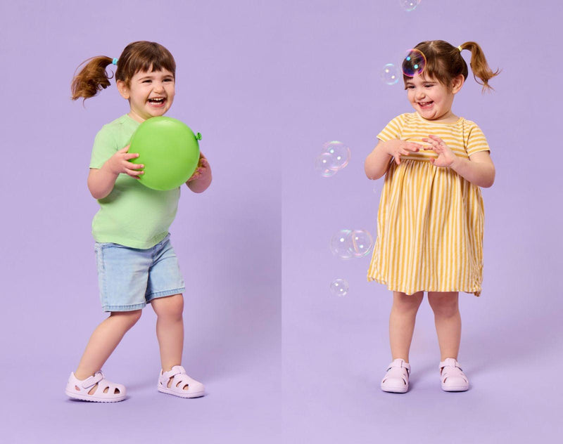 Split view of girl playing and wearing Ten Little Splash Sandals 2 - Lavender Purple. Available at www.tenlittle.com