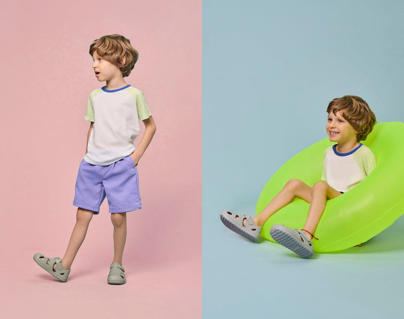 Split view of boy wearing Ten Little Splash Sandals 2 - Pebble Gray. Available at www.tenlittle.com