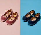 Split view of Ten Little Velvet Ballet Flats - Dusty Rose and Sapphire Blue. Available from www.tenlittle.com