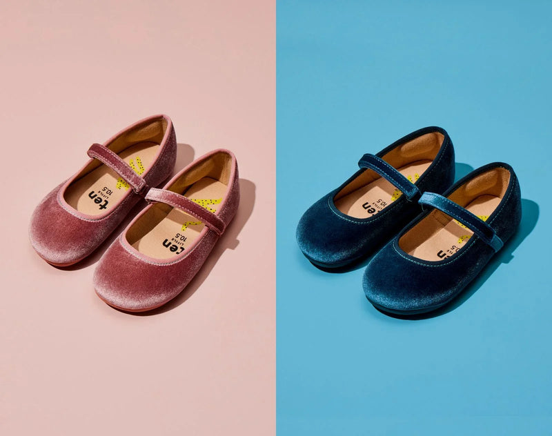 Split view of Ten Little Velvet Ballet Flats - Dusty Rose and Sapphire Blue. Available from www.tenlittle.com