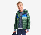 Boy wearing Primary - Striped Lightweight Puffer Jacket - Evergreen - Available at www.tenlittle.com