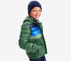 Boy wearing Primary - Striped Lightweight Puffer Jacket - Evergreen - Available at www.tenlittle.com