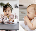 Two children sitting in highchair using ezpz Tiny Pops. Available from tenlittle.com