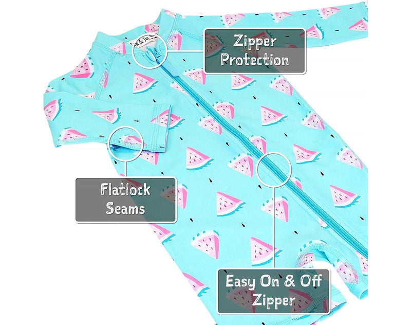 Features of Jan & Jul Long Sleeve UV Sun Suit in Watermelon. Available from tenlittle.com