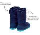 Water resistant insulated upper- extra large velcro closure for easy on and off Ten Little Snow Bootsin Navy and Teal. Available at www.tenlittle.com