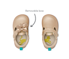 Top view of Ten Little Mini Mary Janes featuring a removable bow - Champagne Gold. Available at www.tenlittle.com