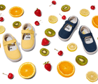Ten Little Canvas Mary Janes in Mellow Yellow and Navy Blue with fruit