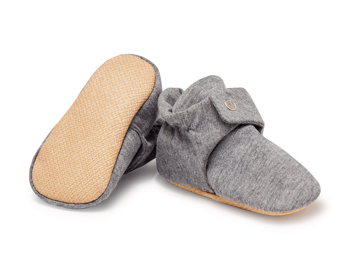 Front and bottom view of Ten Little Everyday Baby Booties - Heather Gray. Available at www.tenlittle.com