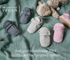 Top view of soft and breathable 100% GOTS-certified organic cotton and Peta-approved vegan material of Ten Little Everyday Baby Booties - Heather Gray, Heather Oat, Soft Pink. Available at www.tenlittle.com
