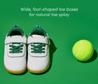 Front and top view of Ten Little Centre Court Sneakers featuring wide, foot-shaped toe boxes for toes for natural splay. Available at www.tenlittle.com