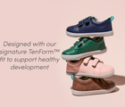 Group shot of The New York Times Wirecutter Editor's Pick Ten Little Everyday Original designed with our signature TenForm™ fit to support healthy development - Navy Blue, Emerald Green, Blush Pink, Mocha Brown. Available at www.tenlittle.com