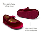 Thin adjustable velcro strap and natural rubber traction outsole of Ten Little Velvet Ballet Flats - Burgundy Red. Available from www.tenlittle.com