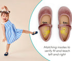 Split view close up of matching insoles and child dancing in Ten Little Velvet Ballet Flats - Sapphire Blue and Dusty Rose. Available from www.tenlittle.com