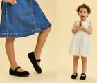 Split view of children wearing Ten Little Velvet Ballet Flats - Classic Black. Available from www.tenlittle.com