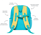 Back and features of Ten Little Recycled Backpack - 12 Inch Teal & Yellow - Available at www.tenlittle.com
