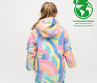 Girl wearing back view of Therm Snowrider Deep Winter Coat - Rainbow Stripe- Available at www.tenlittle.com