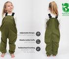 Adjustable straps/ Elastic Ankle Cuffs/ Rubberized Coating - Girl wearing Lined with micro fleece/ Windproof and Waterproof Girl wearing - Therm Eco Waterproof & Windproof Fleece Overalls - olive - Available at www.tenlittle.com