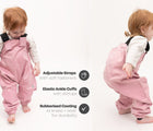 Adjustable straps/ Elastic Ankle Cuffs/ Rubberized Coating - Girl wearing Lined with micro fleece/ Windproof and Waterproof Girl wearing - Therm Eco Waterproof & Windproof Fleece Overalls - Pink - Available at www.tenlittle.com