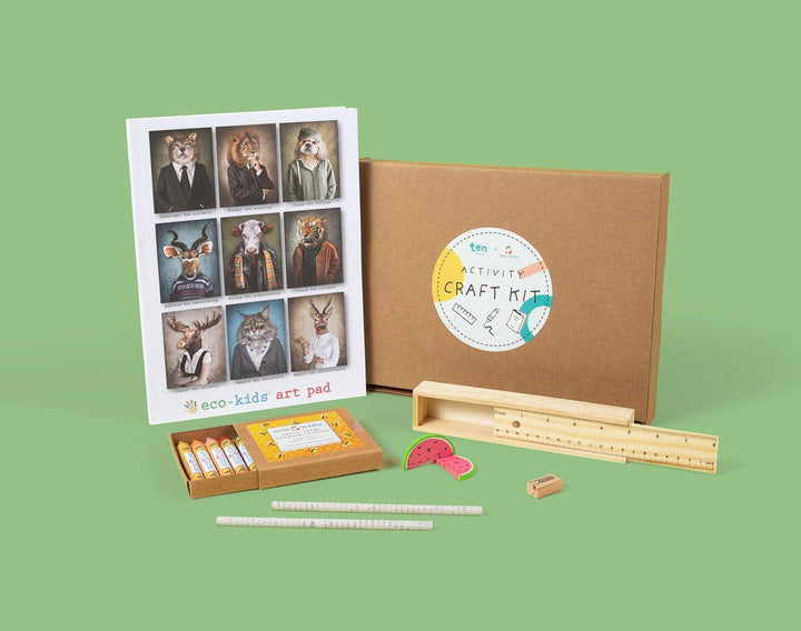 Eco-kids Activity Craft Kit -Includes: Art pad, 2 Pencils, 2 Erasers, 1 Sharpener, Box of crayons and a pencil case ruler. Available at www.tenlittle.com