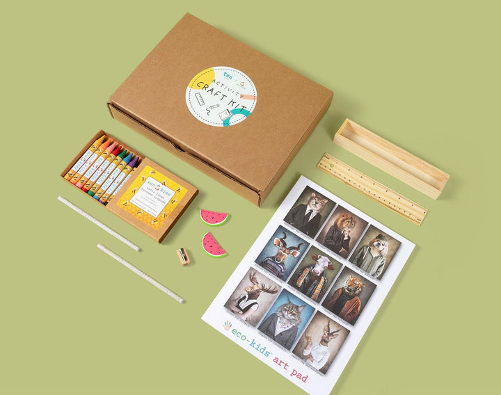 Top View of Eco-kids Activity Craft Kit -Includes: Art pad, 2 Pencils, 2 Erasers, 1 Sharpener, Box of crayons and a pencil case ruler. Available at www.tenlittle.com