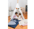 2 kids playing at the tent using Bloomere Portable Bedding Set - Navy Checkered - Available at www.tenlittle.com