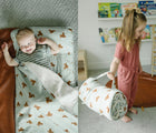 Baby using and Little Girl carrying Bloomere Nap Mat - Teddy - Available at www.tenlittle.com