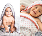 Babies wearing Malabar Baby Hooded Block Print Towel- Red and Gray - Available at www.tenlittle.com