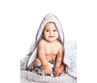 Baby Sitting and wearing Malabar Baby Hooded Block Print Towel- Gray - Available at www.tenlittle.com