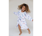 Girl playing and wearing Malabar Baby Hooded Muslin Robe - Under the sea - Available at www.tenlittle.com