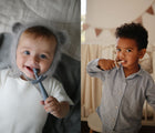 Baby and boy brushing Mushie Training Toothbrush - Ivory and blue- Available at www.tenlittle.com