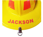 Close up Aeromax Firefighter helmet -customized name yellow- available at www.tenlittle.com