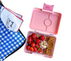 Yumbox Pink Rainbow Snack Size Bento Box with food. Available from www.tenlittle.com.