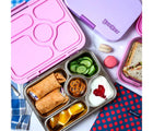 Yumbox Pink Stainless Steel Bento Box with food. Available from www.tenlittle.com.