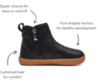 Zipper closure for easy on and off, foot shaped toe box for healthy development, cushioned heel for comfort - Ten Little Chelsea Boots in Black. Available at www.tenlittle.com