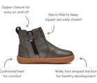 Features of Ten Little Chelsea Boots in Metallic Gray. Available at www.tenlittle.com