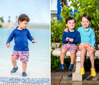 Split view of children wearing Ten Little Splash Sandals and playing in water area at resort. Available from www.tenlittle.com