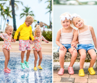 Split view of children wearing Ten Little Splash Sandals and playing in water area at resort. Available from www.tenlittle.com